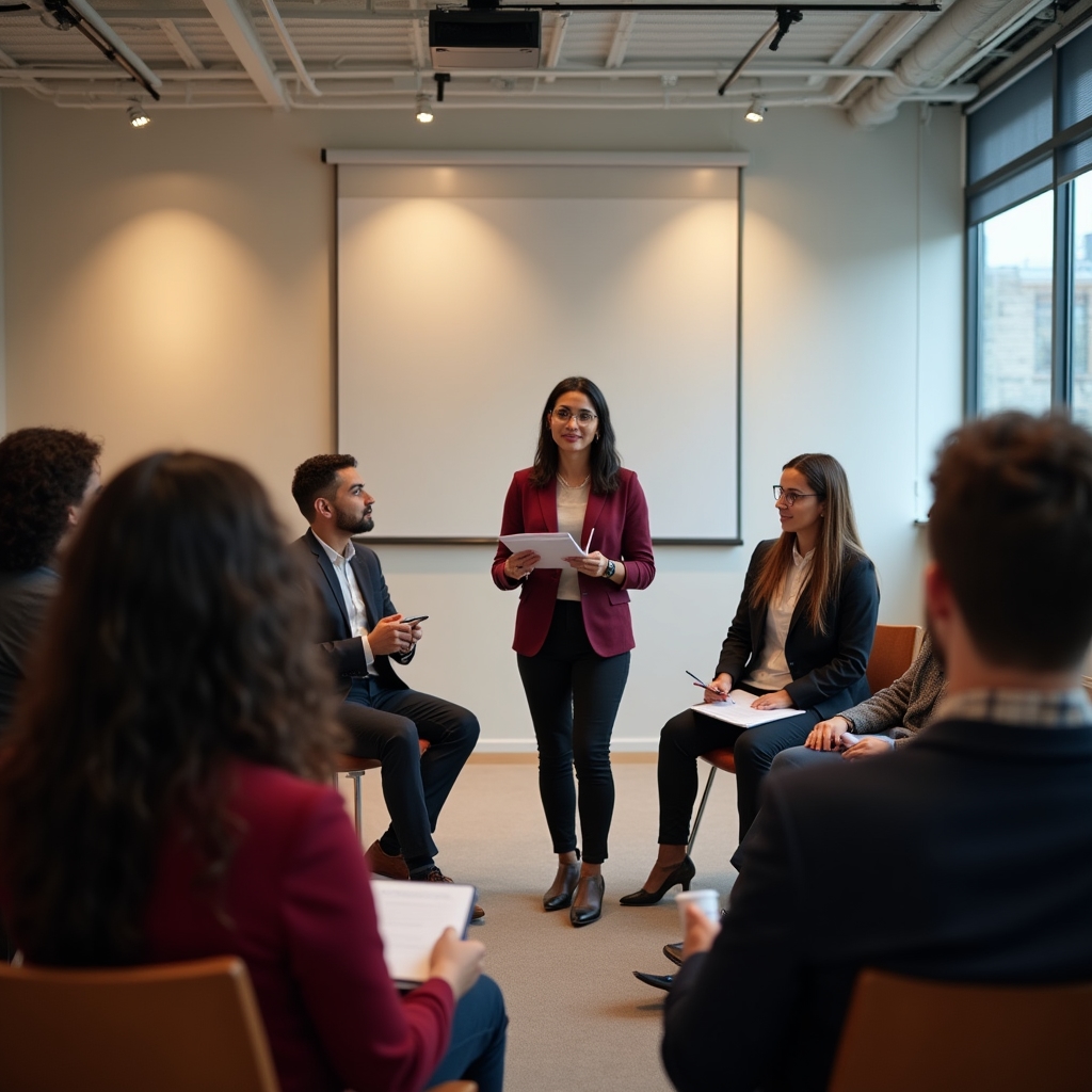 Grupo de profesionales en sesión de formación de oratoria